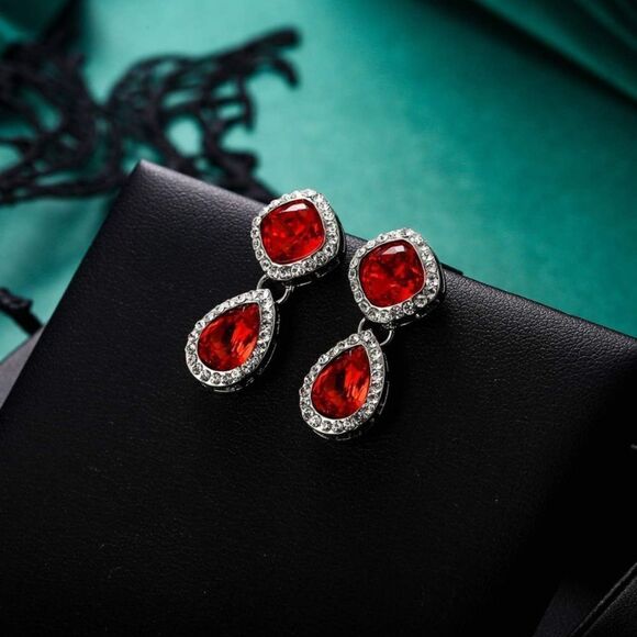 Silver with Ruby Red and Diamond Austrian Crystal Rhombus Teardrop Post Earrings - Picture 2 of 5